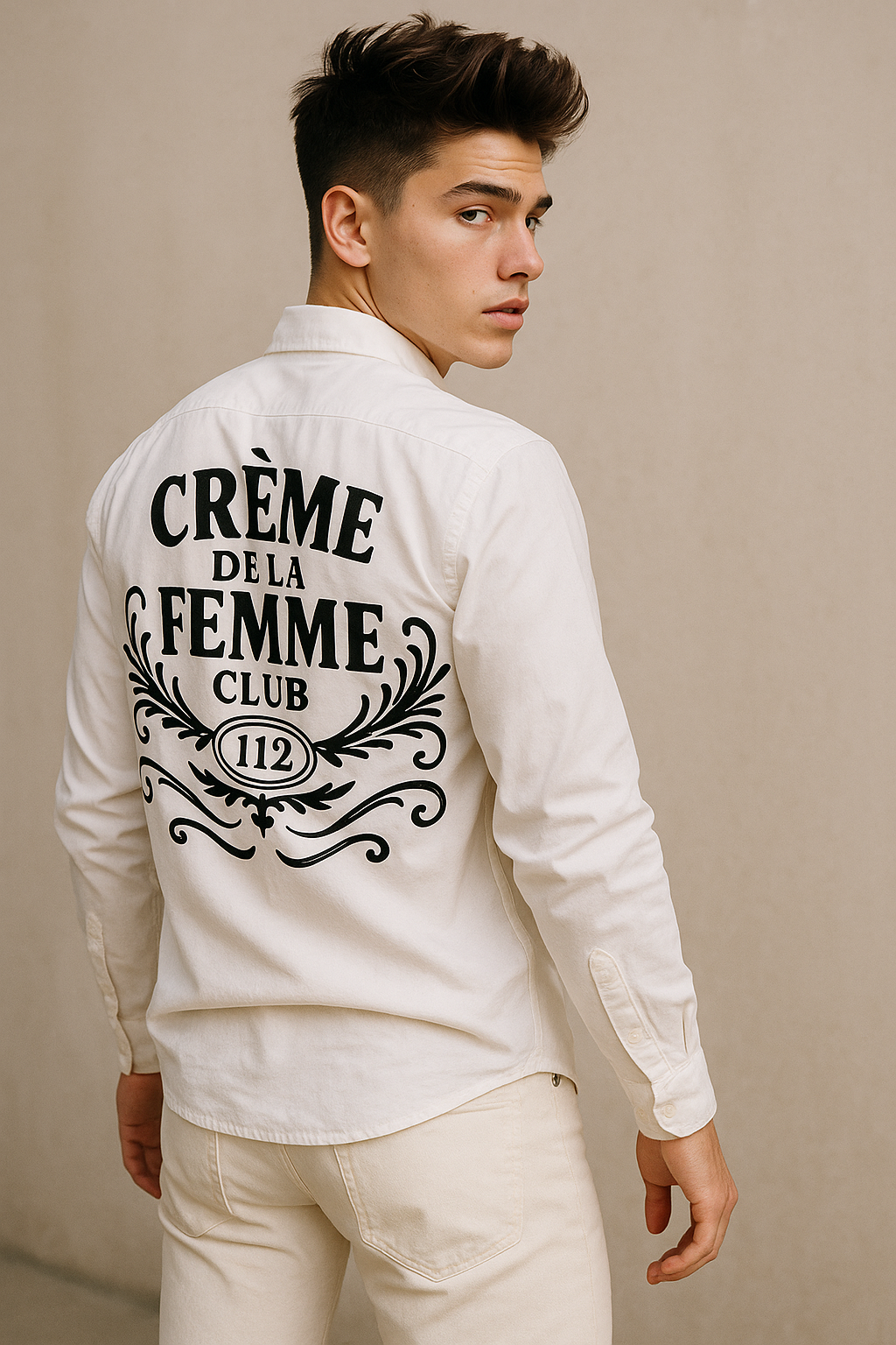 Mens long sleeved white shirt black logo